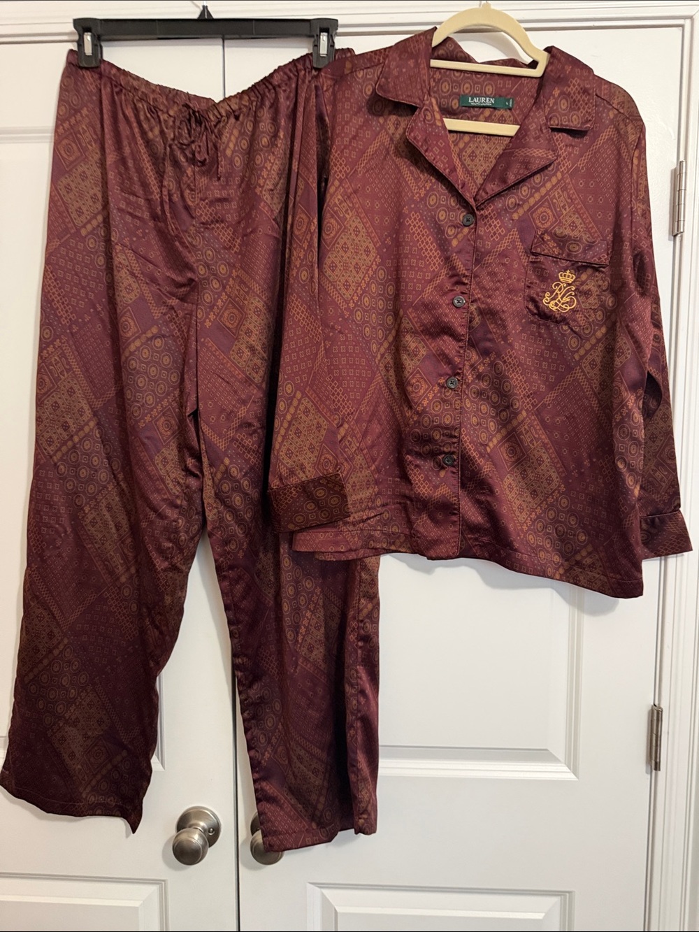 Lauren Ralph Lauren Pajama Set in Burgundy with Gold Embroidery